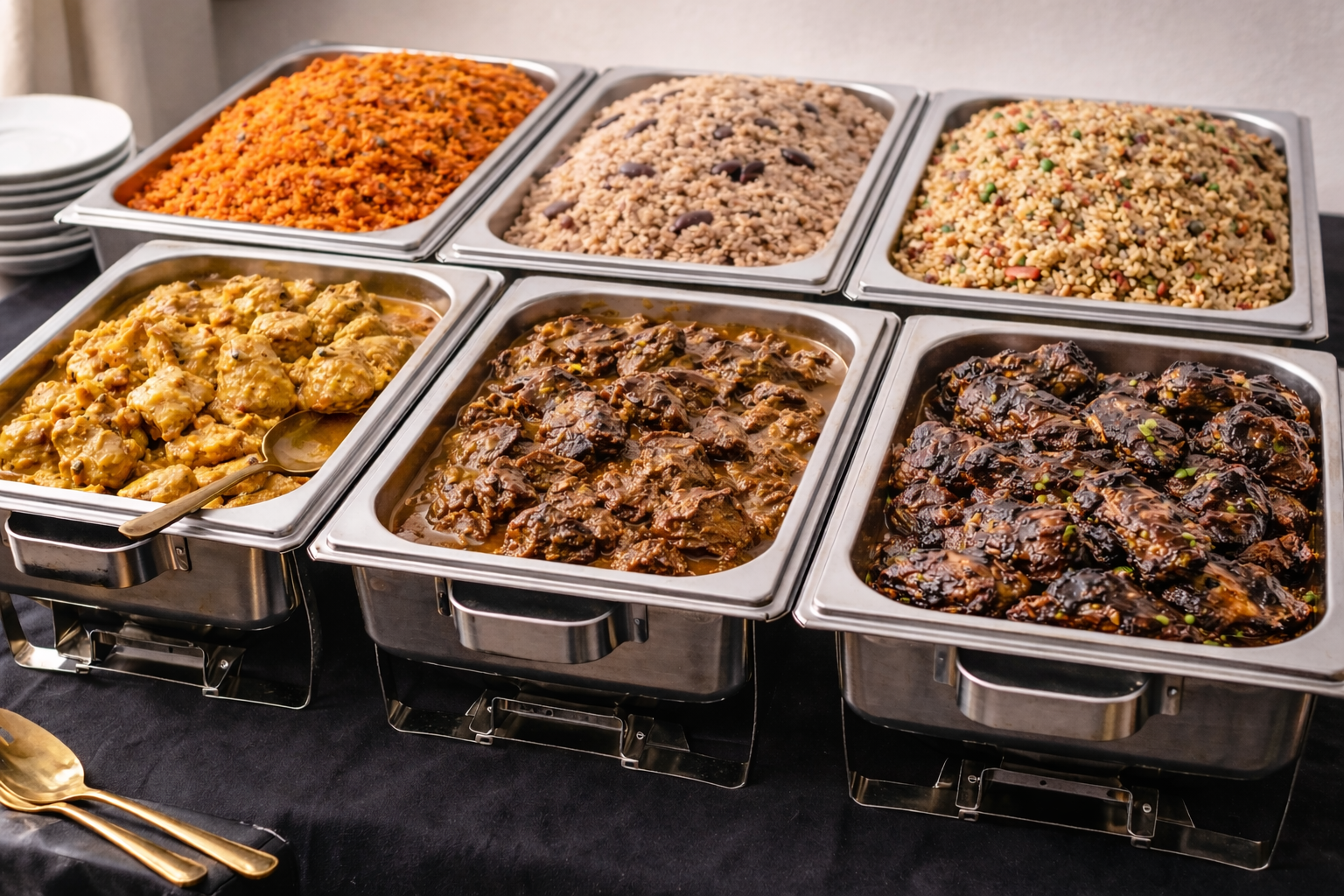A vibrant spread of Afro-Caribbean dishes prepared by A&G Catering